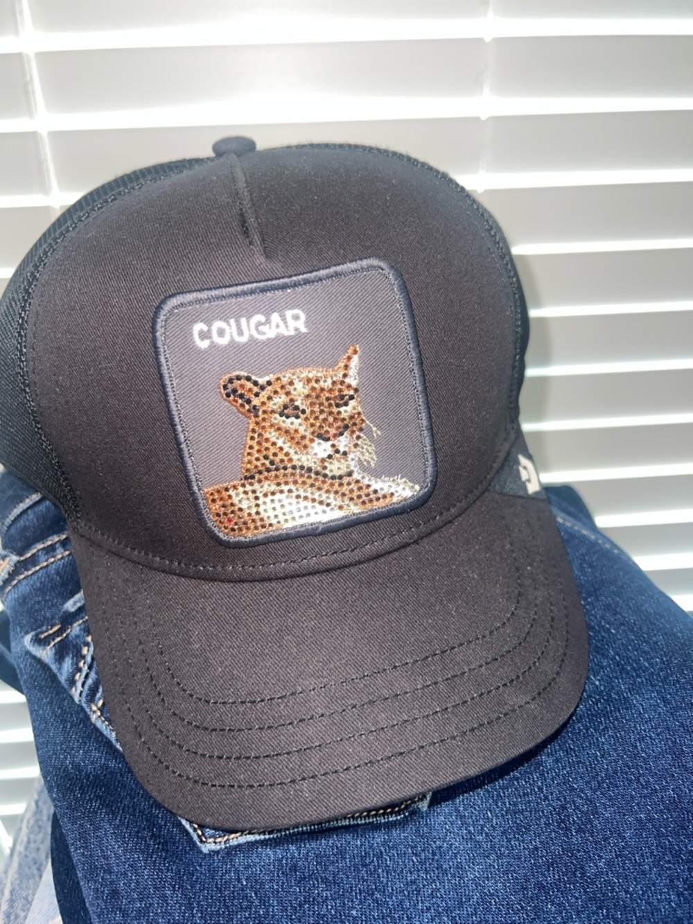 Goorin Bros Black Trucker Hat with Sequin Leopard Patch - Picture 2 of 6